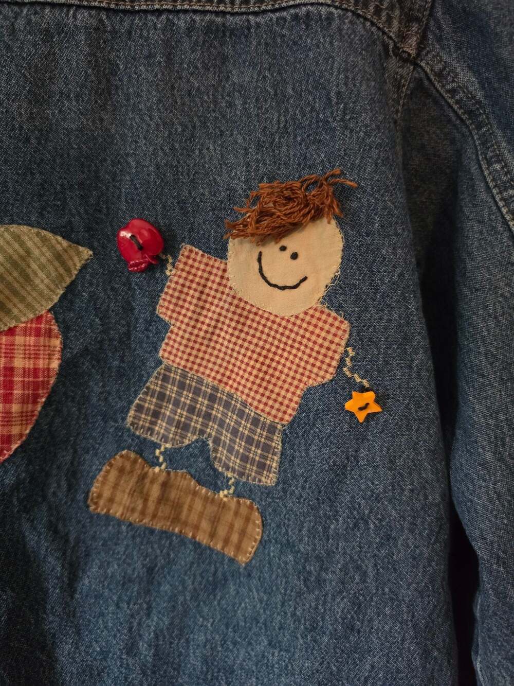 Cabin Creek Denim Jacket Medium Teacher School Applique Scarecrow Fall Patchwork - Picture 7 of 10
